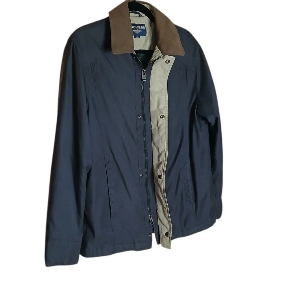 Dockers Men's S Car Coat Jacket Navy Brown Collar Quilted Lined Zip Front Casual